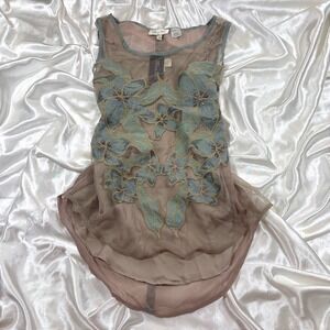 y2k Tank Top Taupe NEW Miss Me Floral Beaded Mesh Sheer Sleeveless Blouse S